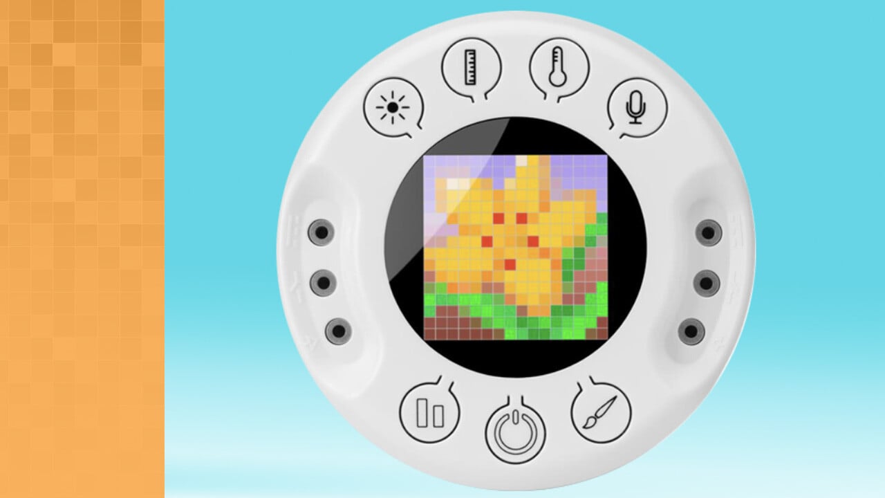 Xploris face with buttons –clockwise from top - for measuring light, distance, and temperature, mic button, art button, power button, and pause button. On sixteen by sixteen LED screen is a pixelated flower.